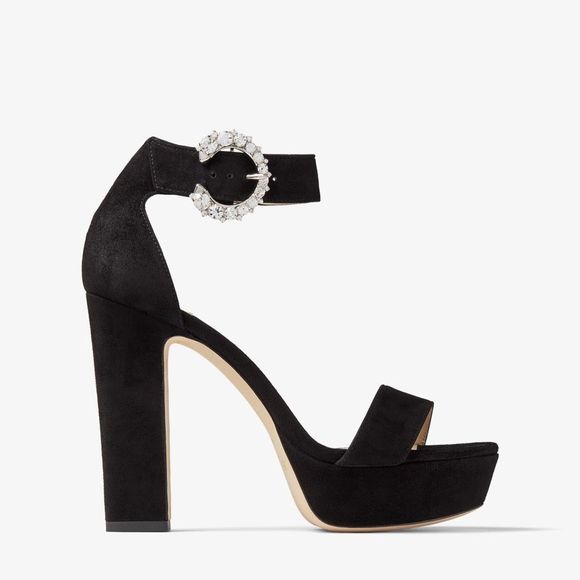 Jimmy Choo Mionne 120 Black Suede Platform Sandals with Crystal Buckle